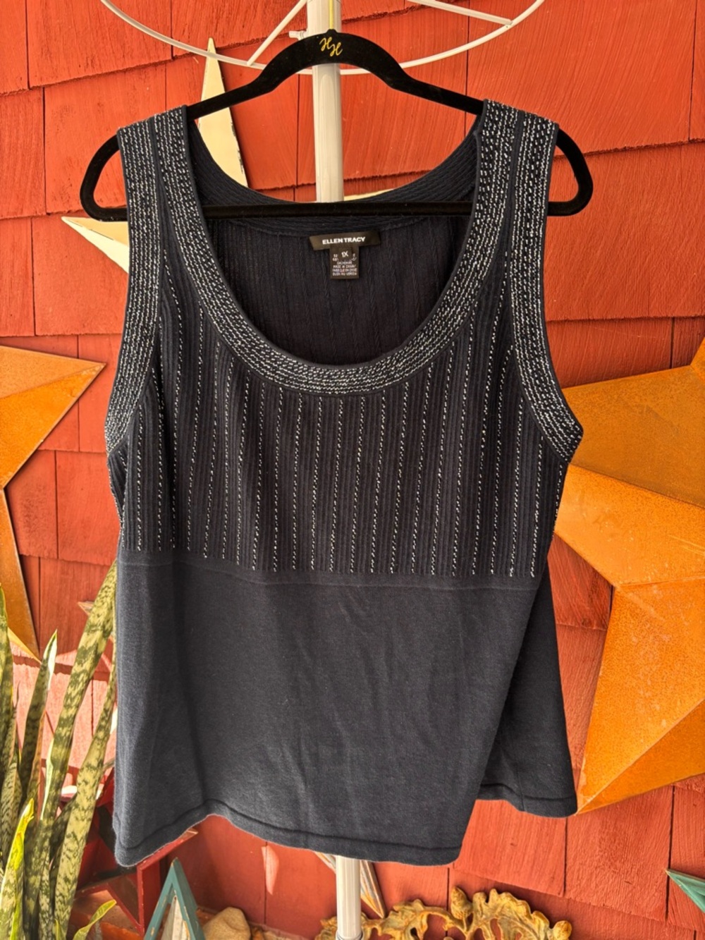 Ellen Tracy Striped Knit Tank Top Black & White Classic Career Casual Size 1X